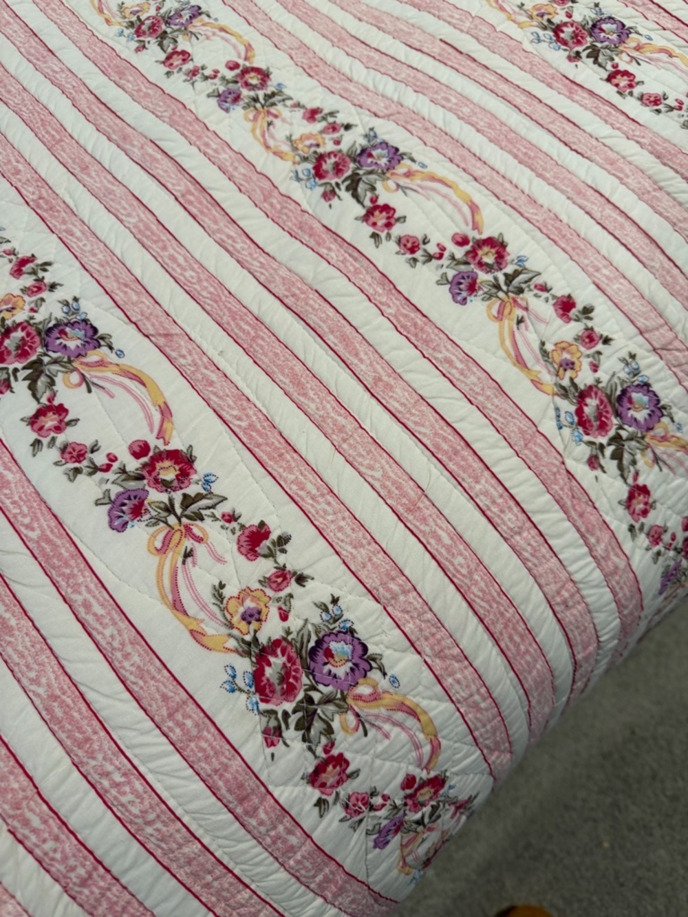Cottagecore Striped & Floral Quilt - Pink and White
